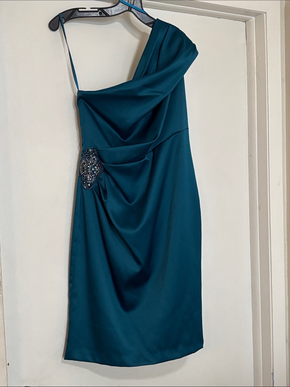 Dress Barn Teal One-Shoulder Cocktail Dress with Beaded Accent